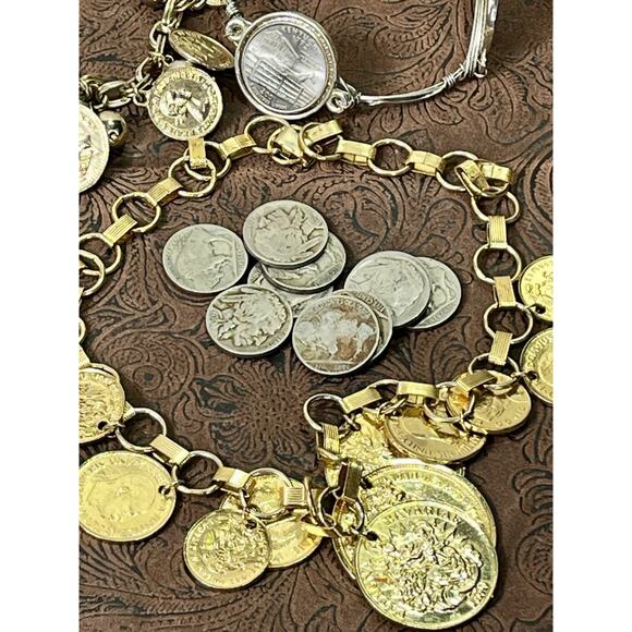 Large Mixed Metals Coin Jewelry Lot 22 Necklaces Bracelets Pendants Watch Coins - Picture 8 of 15